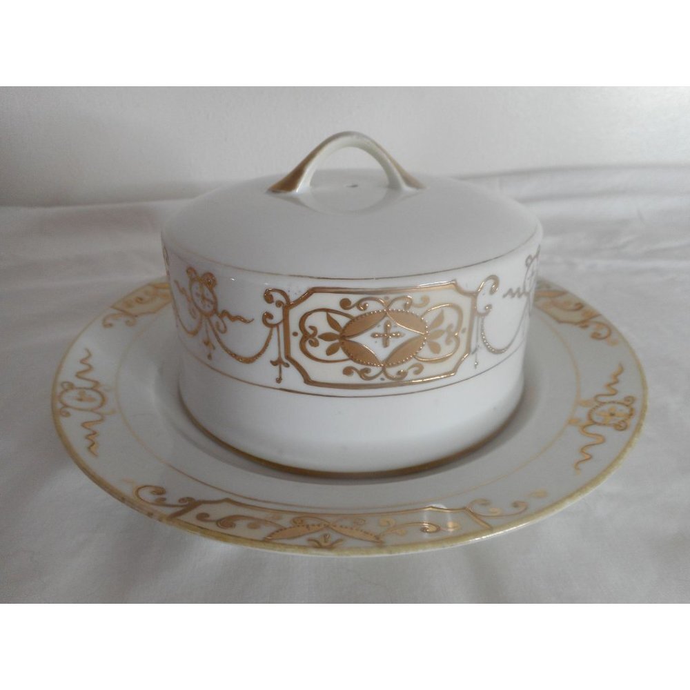 Hand Painted Nippon Gold Round Covered Cheese Dish Butter Keeper Moriage